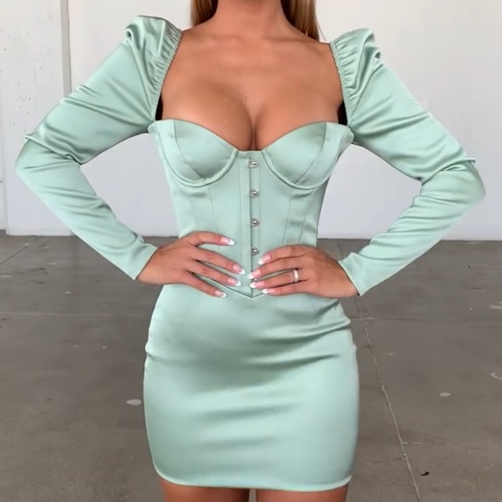 OH POLLY - NWT PUFF SLEEVE SATIN CORSET MINI DRESS